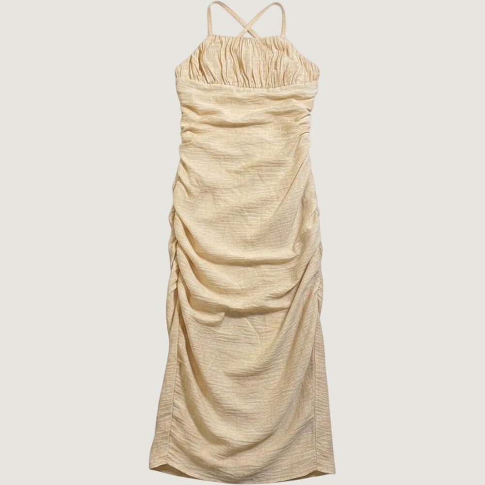 Zara Midi Dress Women's Large Beige Ruched Open Back Minimalist Neutral EUC